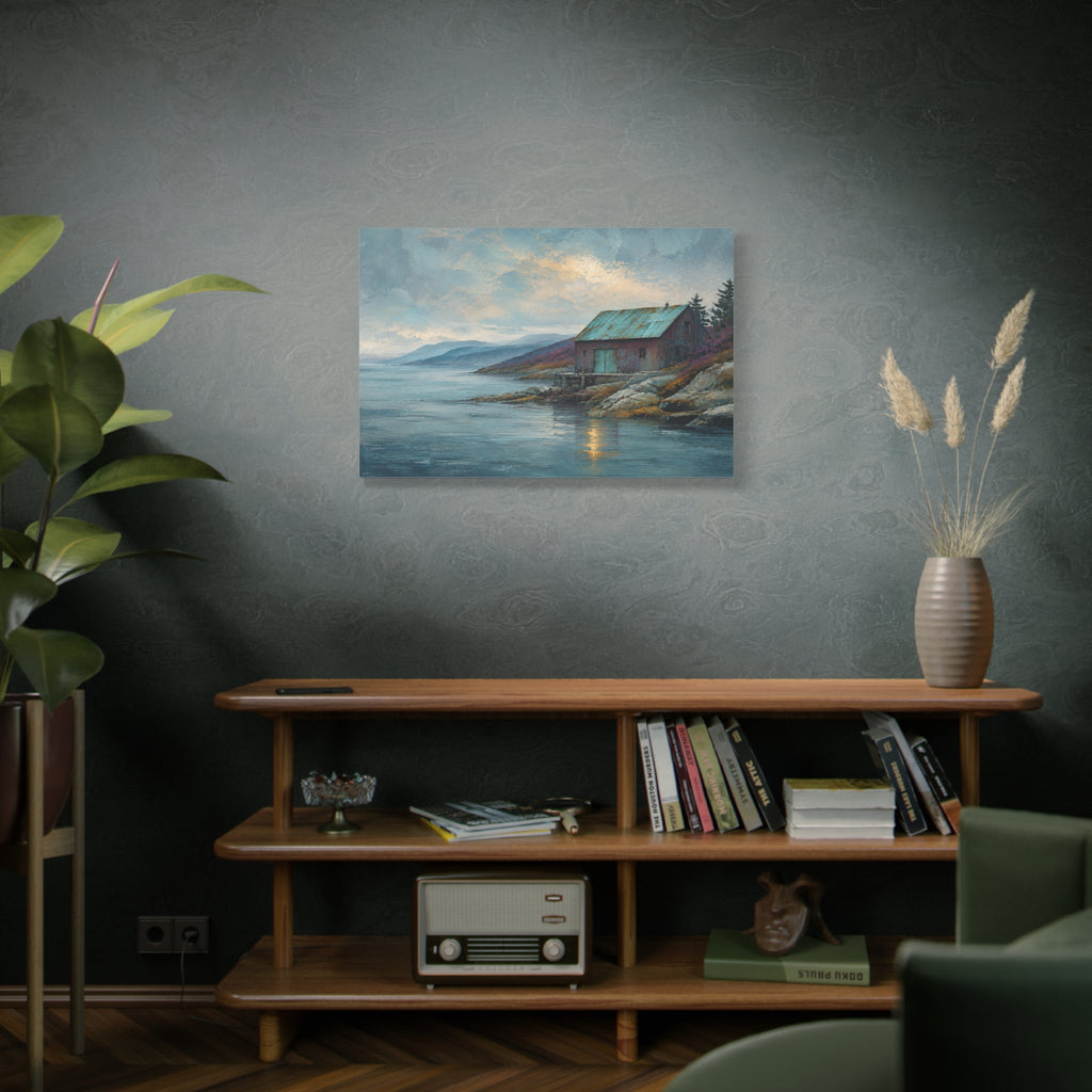 Blue Copper Coast canvas print — A weathered coastal boathouse with a patina-green roof sits beside a rocky shore.