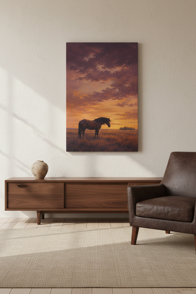 Last Light, Open Field unframed vertical sunset horse canvas above a walnut sideboard beside a dark brown chair — room styling mockup.