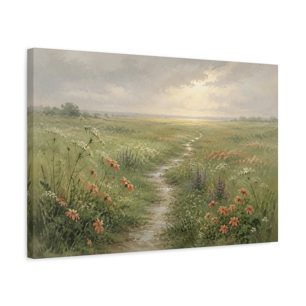 After the Rain canvas print — A curved path moves through a fresh meadow after summer rain, with wildflowers and warm light in the distance.