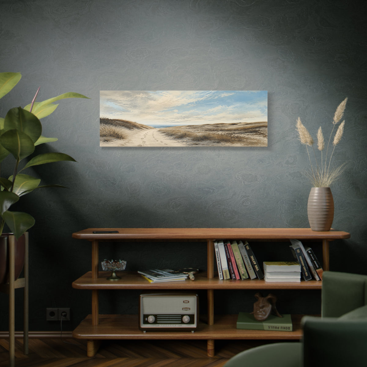 Way Home Through the Dunes canvas print — A sandy path winds through pale dunes toward a thin blue horizon beneath an open sky.