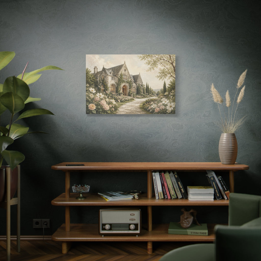 Where We Said Yes canvas print — A romantic garden estate framed by climbing greenery, soft roses, and tall cypress trees.