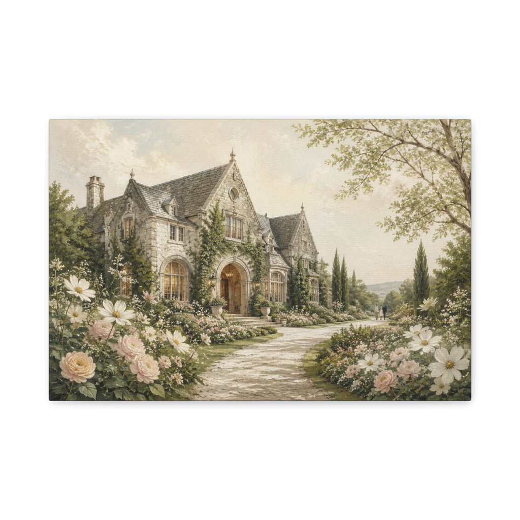 Where We Said Yes canvas print — A romantic garden estate framed by climbing greenery, soft roses, and tall cypress trees.