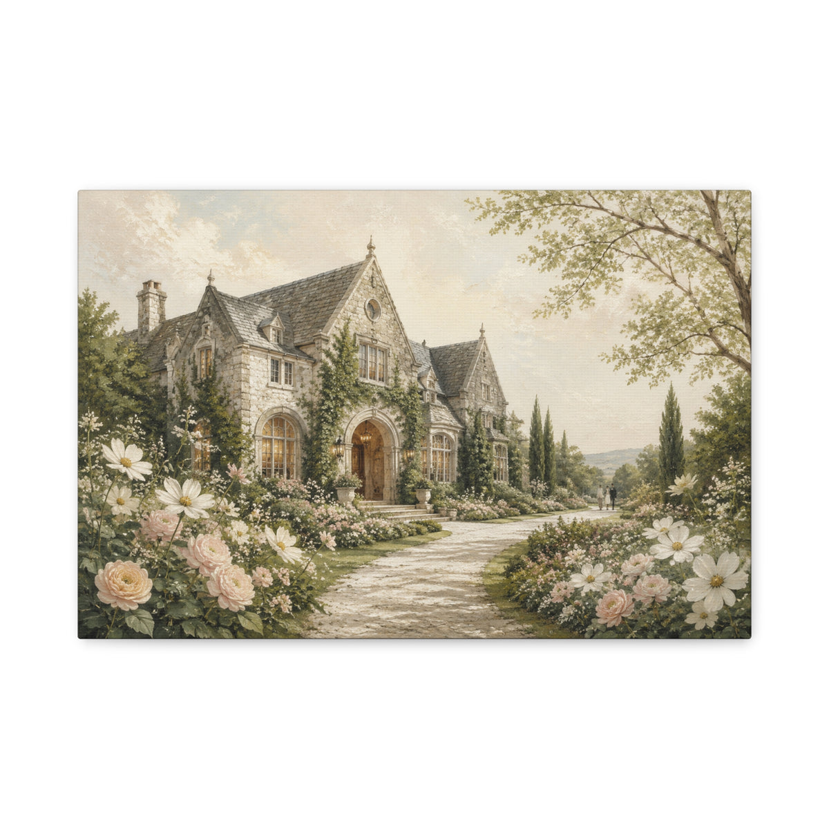 Where We Said Yes canvas print — A romantic garden estate framed by climbing greenery, soft roses, and tall cypress trees.