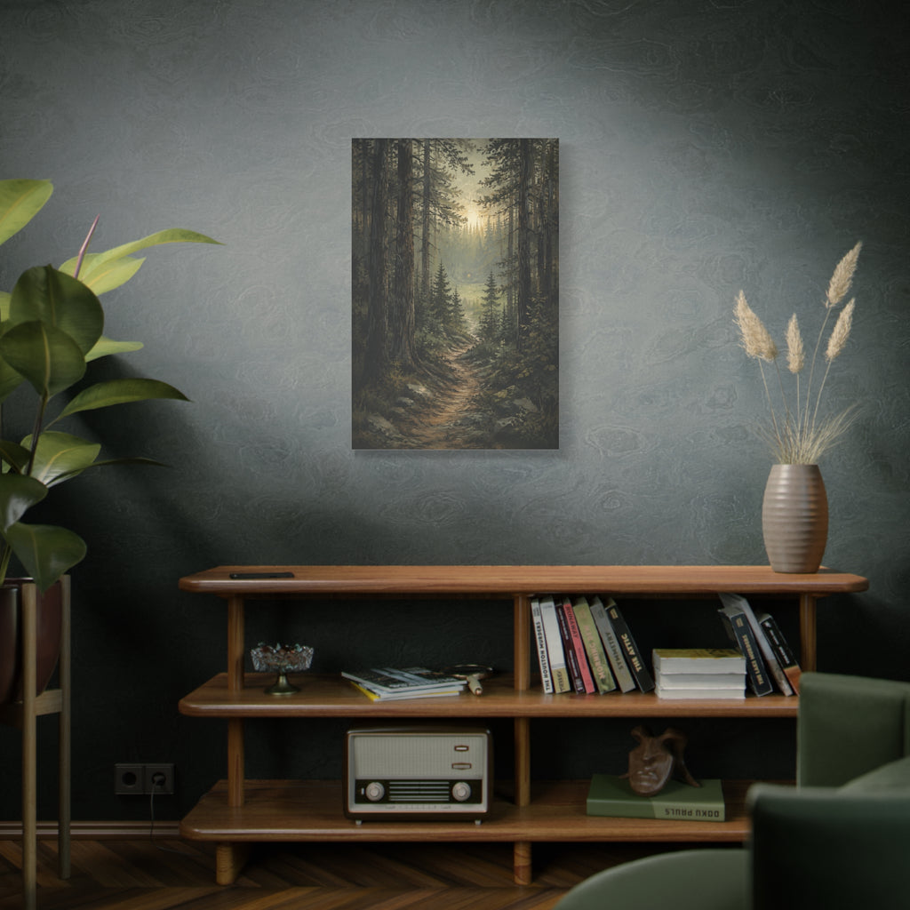 Light Beyond the Pines canvas print — Tall pine trees frame a woodland path leading toward a soft opening of light.