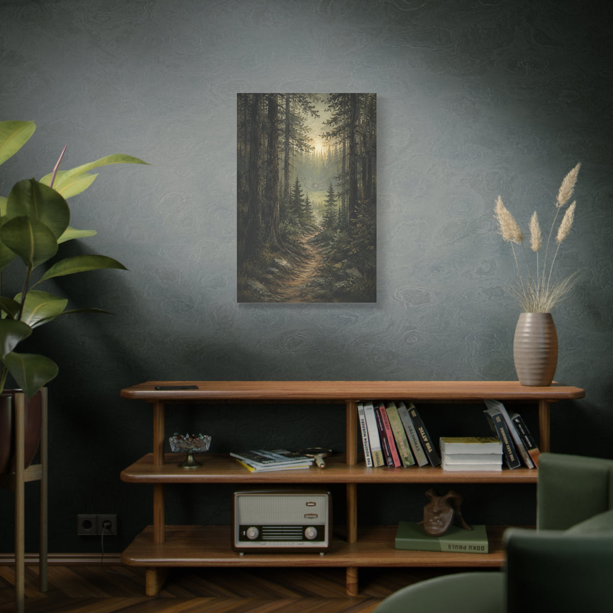 Light Beyond the Pines canvas print — Tall pine trees frame a woodland path leading toward a soft opening of light.