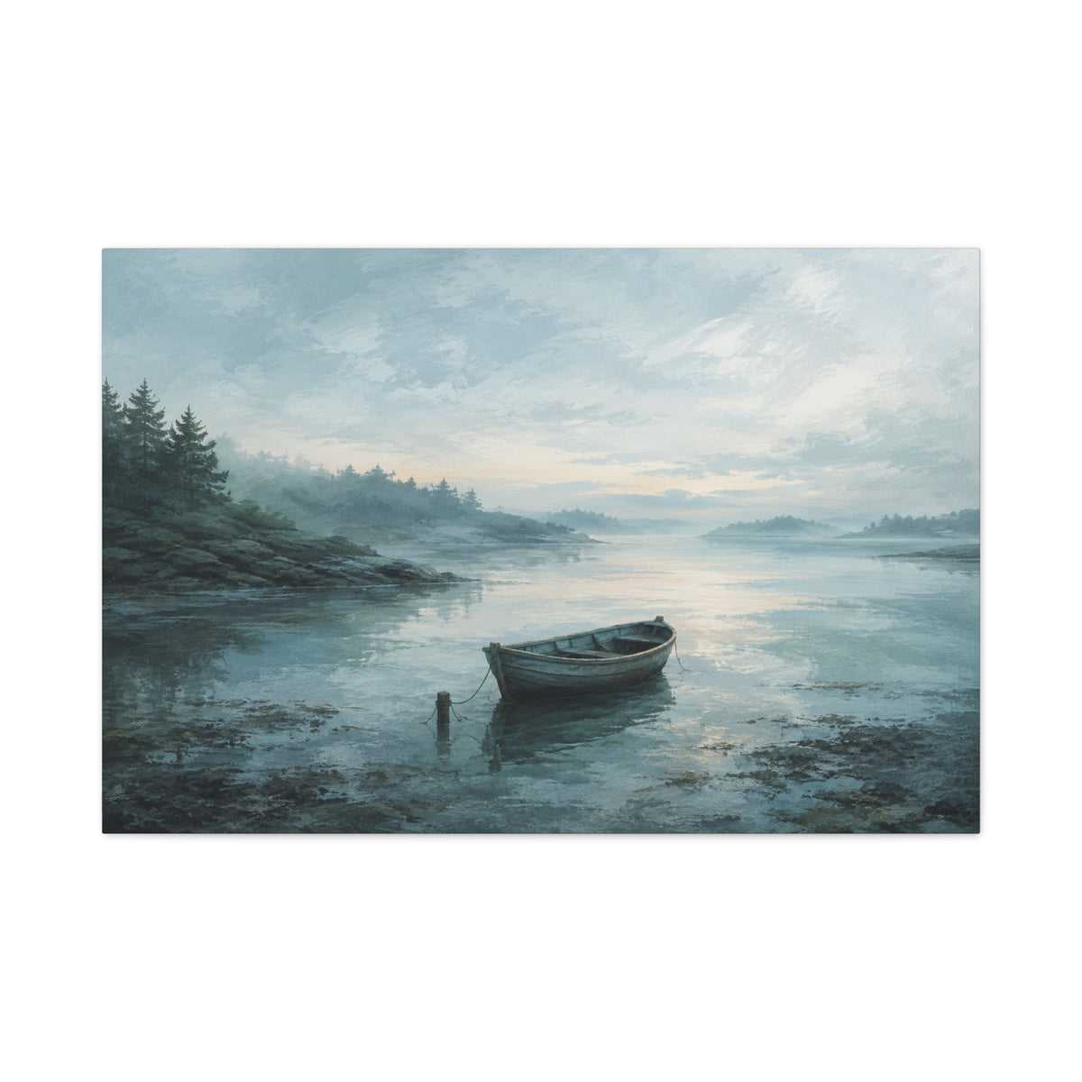 Still Water, First Light canvas print — A small wooden rowboat rests on misty blue water as the first light opens across the horizon.