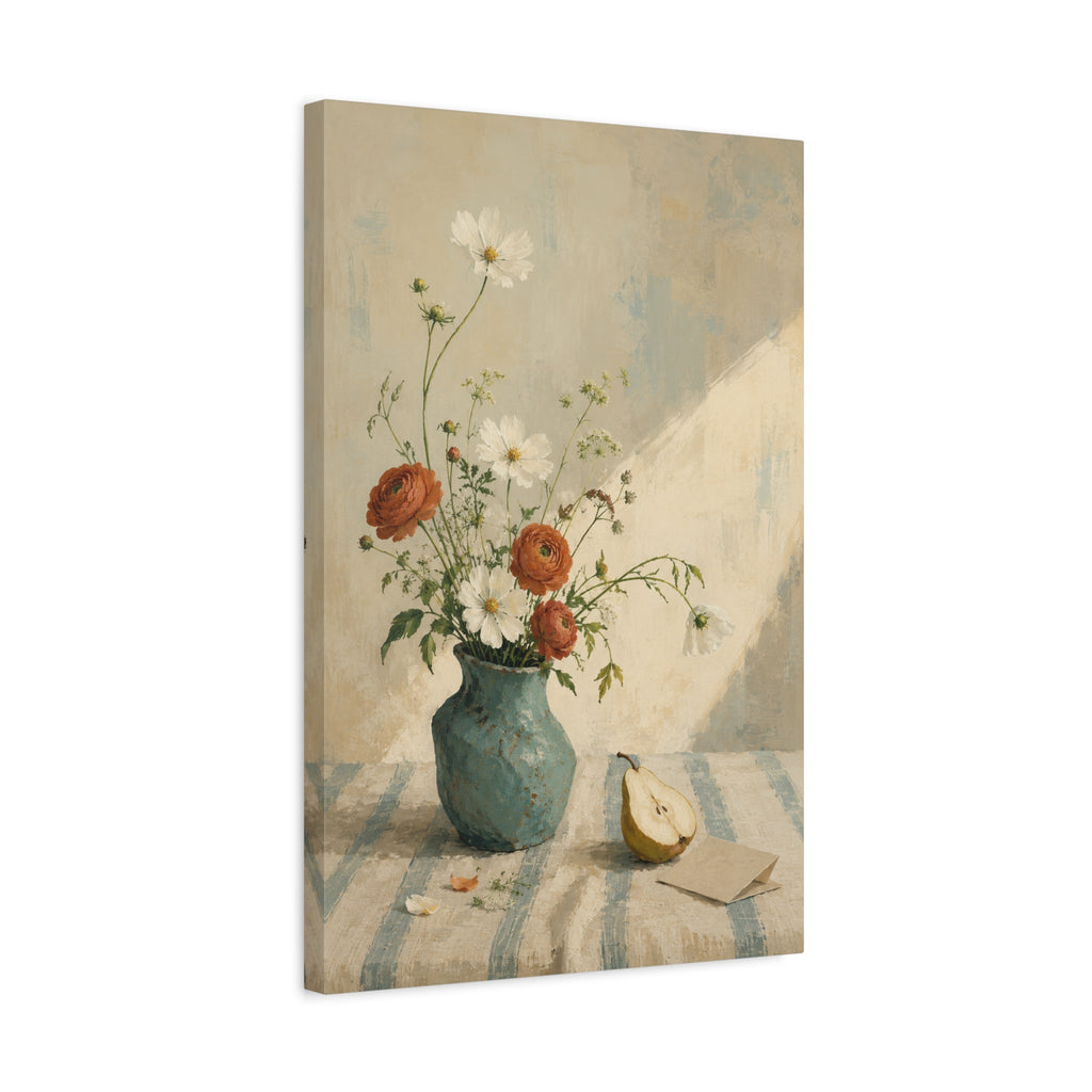 Blue Table Morning canvas print — Wildflowers rise from a blue-green vase beside a pear on a sunlit table.