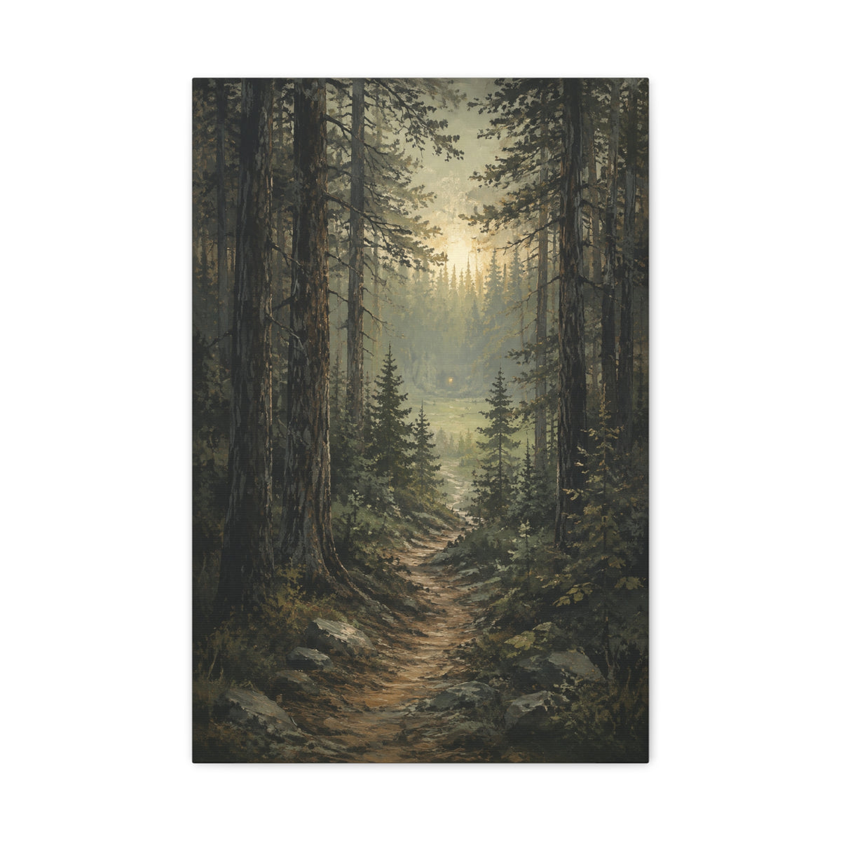 Light Beyond the Pines canvas print — Tall pine trees frame a woodland path leading toward a soft opening of light.