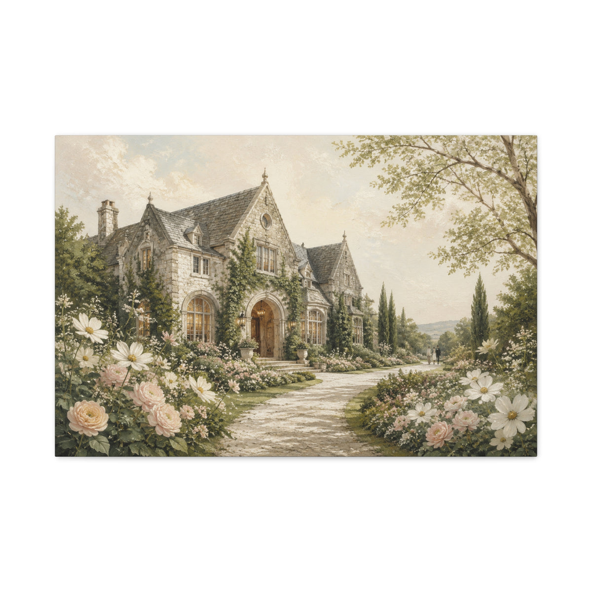 Where We Said Yes canvas print — A romantic garden estate framed by climbing greenery, soft roses, and tall cypress trees.