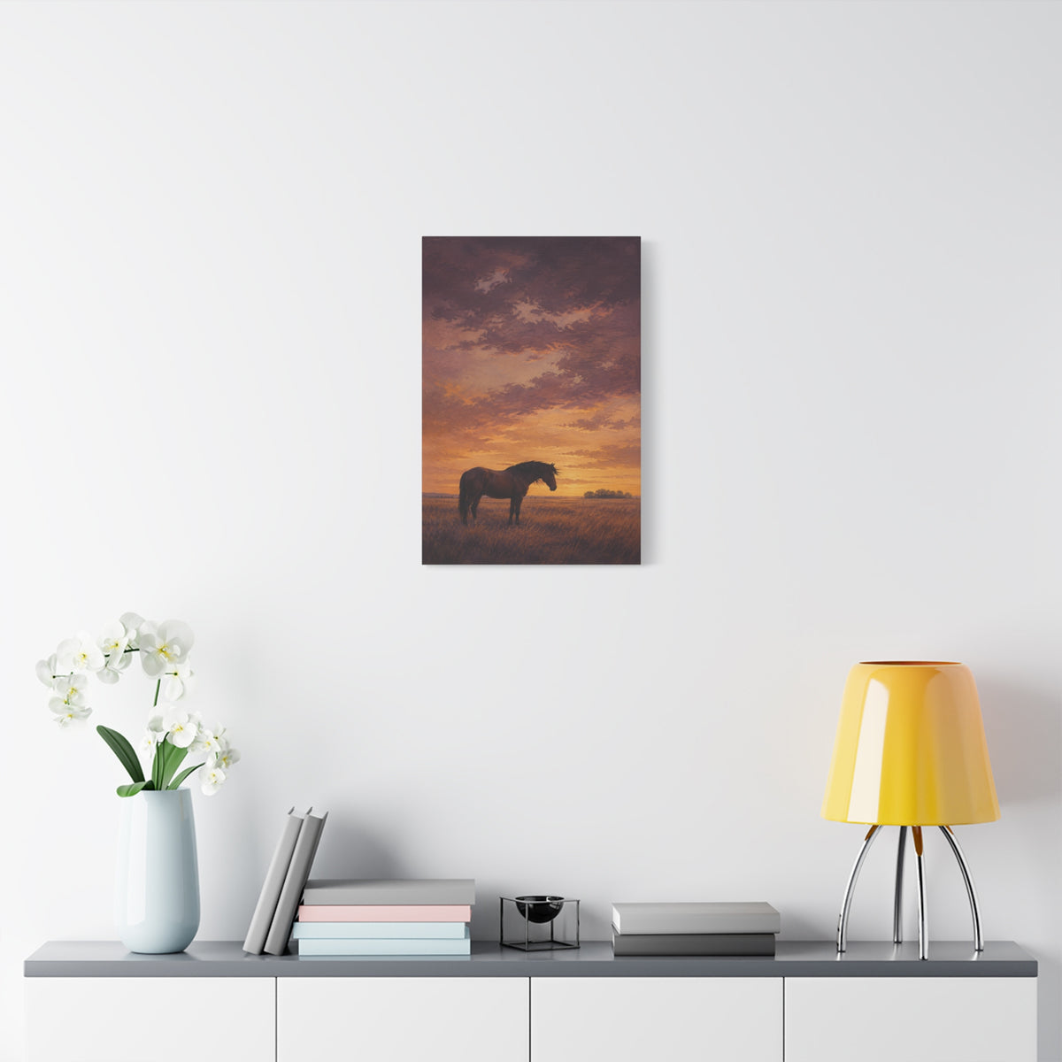 Last Light, Open Field canvas print — A horse stands in an open field beneath a warm sunset sky.