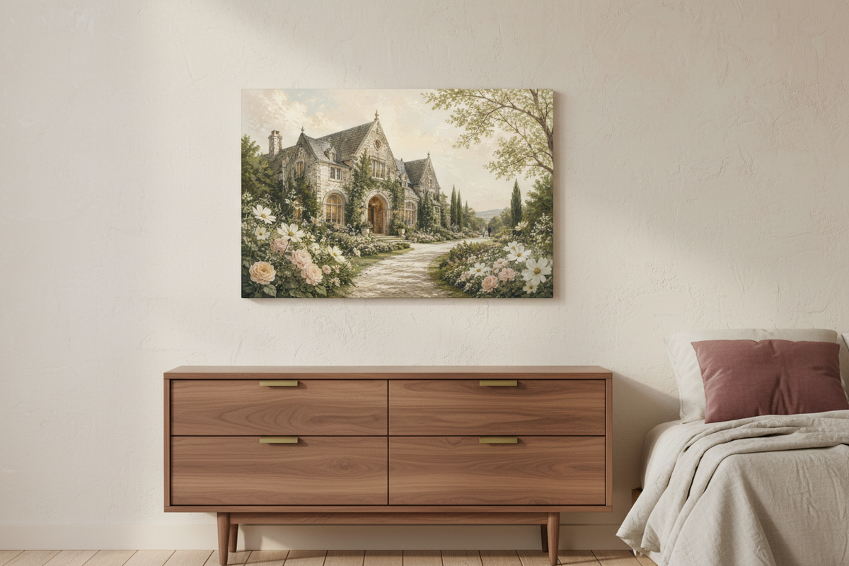 Where We Said Yes unframed garden estate canvas above a walnut chest in a warm cream bedroom — room styling mockup.