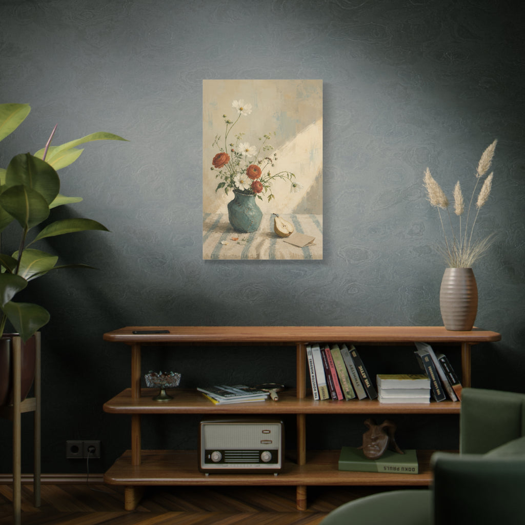 Blue Table Morning canvas print — Wildflowers rise from a blue-green vase beside a pear on a sunlit table.