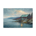 Blue Copper Coast canvas print — A weathered coastal boathouse with a patina-green roof sits beside a rocky shore.