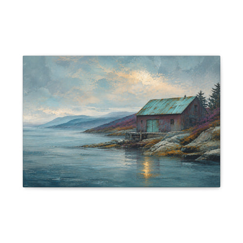 Blue Copper Coast canvas print — A weathered coastal boathouse with a patina-green roof sits beside a rocky shore.