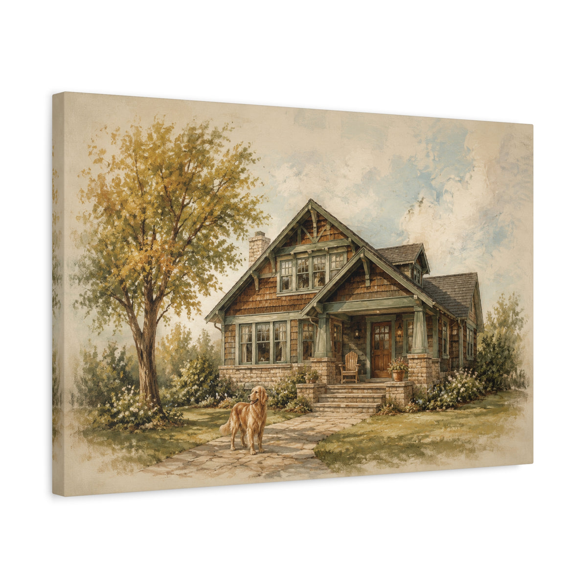 The House That Knows Us canvas print — A familiar house, a quiet garden, and a dog waiting by the path.