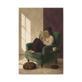 Sunday Chapter canvas print — A reader settles into a green armchair beside a sleeping cat and warm window light.