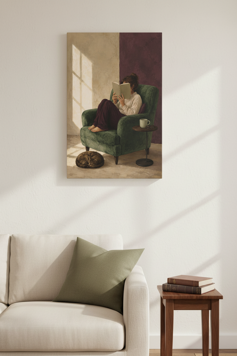 Sunday Chapter unframed vertical reader-and-cat canvas beside an ivory sofa, olive cushion and walnut table with books — room styling mockup.