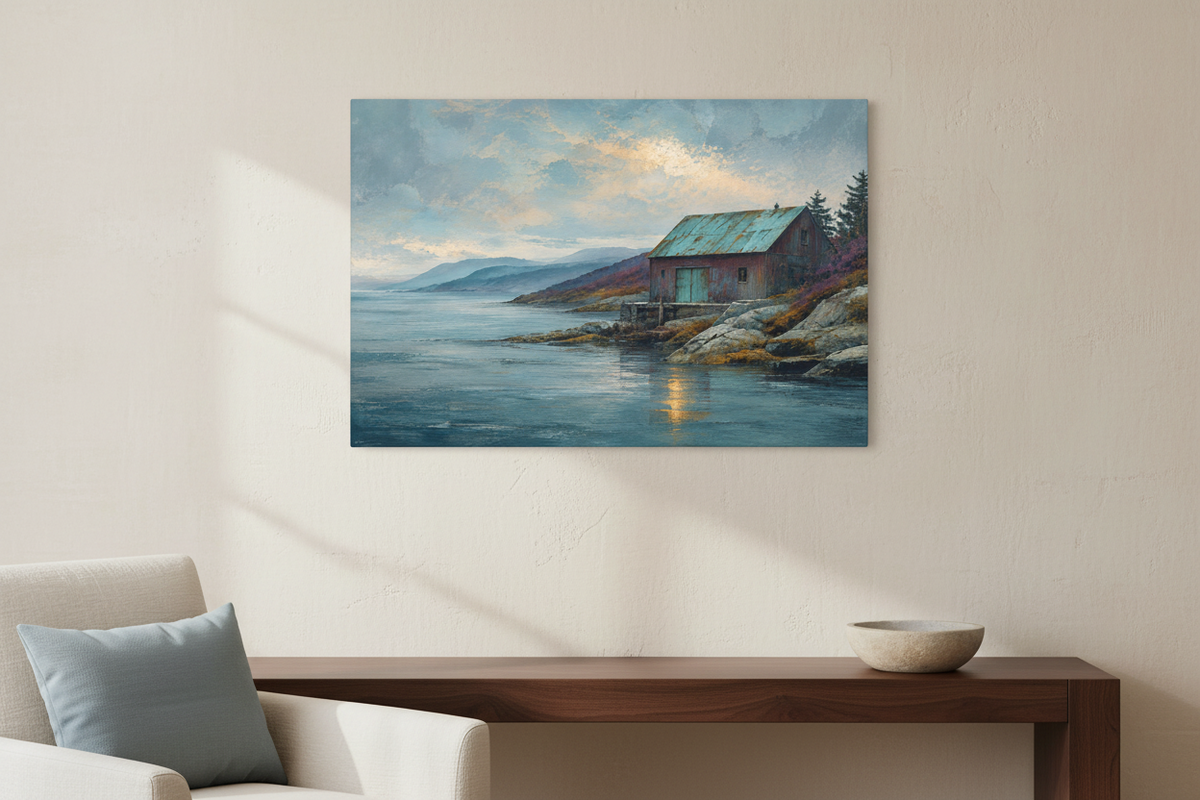 Blue Copper Coast unframed horizontal coastal boathouse canvas above a walnut console beside an ivory chair with muted blue cushion — room styling mockup.