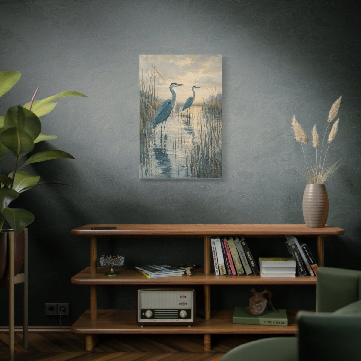 Two in the Reeds canvas print — Two herons stand among reeds and still water, one slightly forward and one farther back.