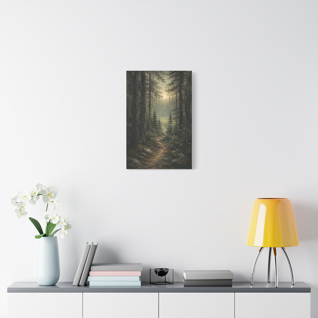 Light Beyond the Pines canvas print — Tall pine trees frame a woodland path leading toward a soft opening of light.