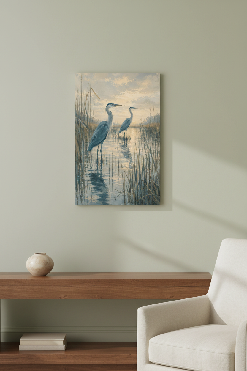 Two in the Reeds unframed vertical heron canvas above a walnut console beside an ivory chair against a soft sage wall — room styling mockup.