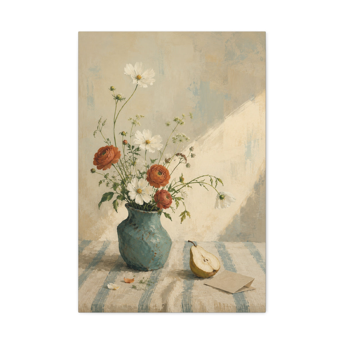 Blue Table Morning canvas print — Wildflowers rise from a blue-green vase beside a pear on a sunlit table.