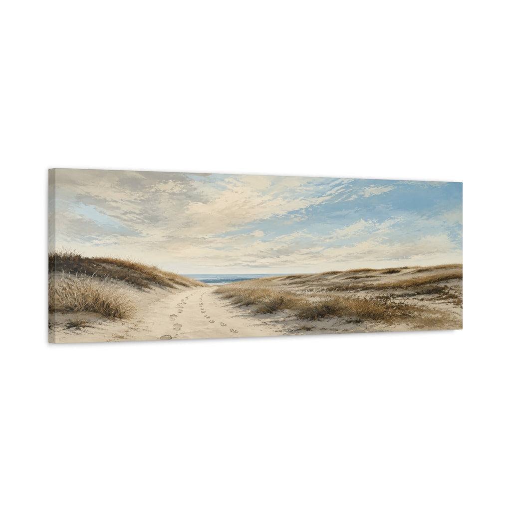 Way Home Through the Dunes canvas print — A sandy path winds through pale dunes toward a thin blue horizon beneath an open sky.