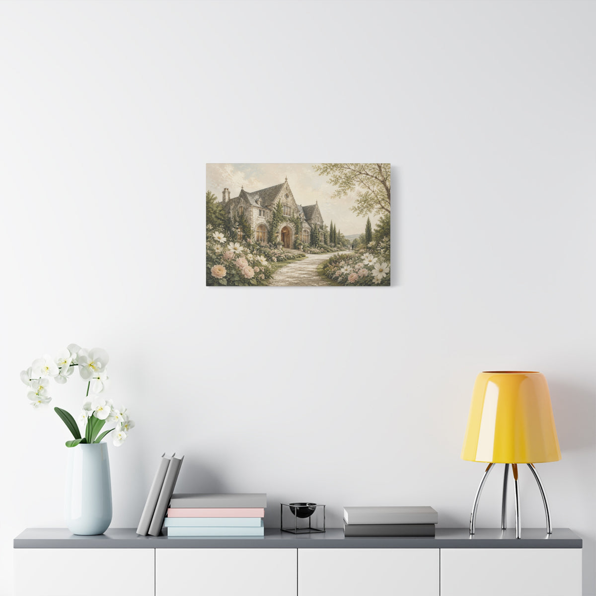Where We Said Yes canvas print — A romantic garden estate framed by climbing greenery, soft roses, and tall cypress trees.