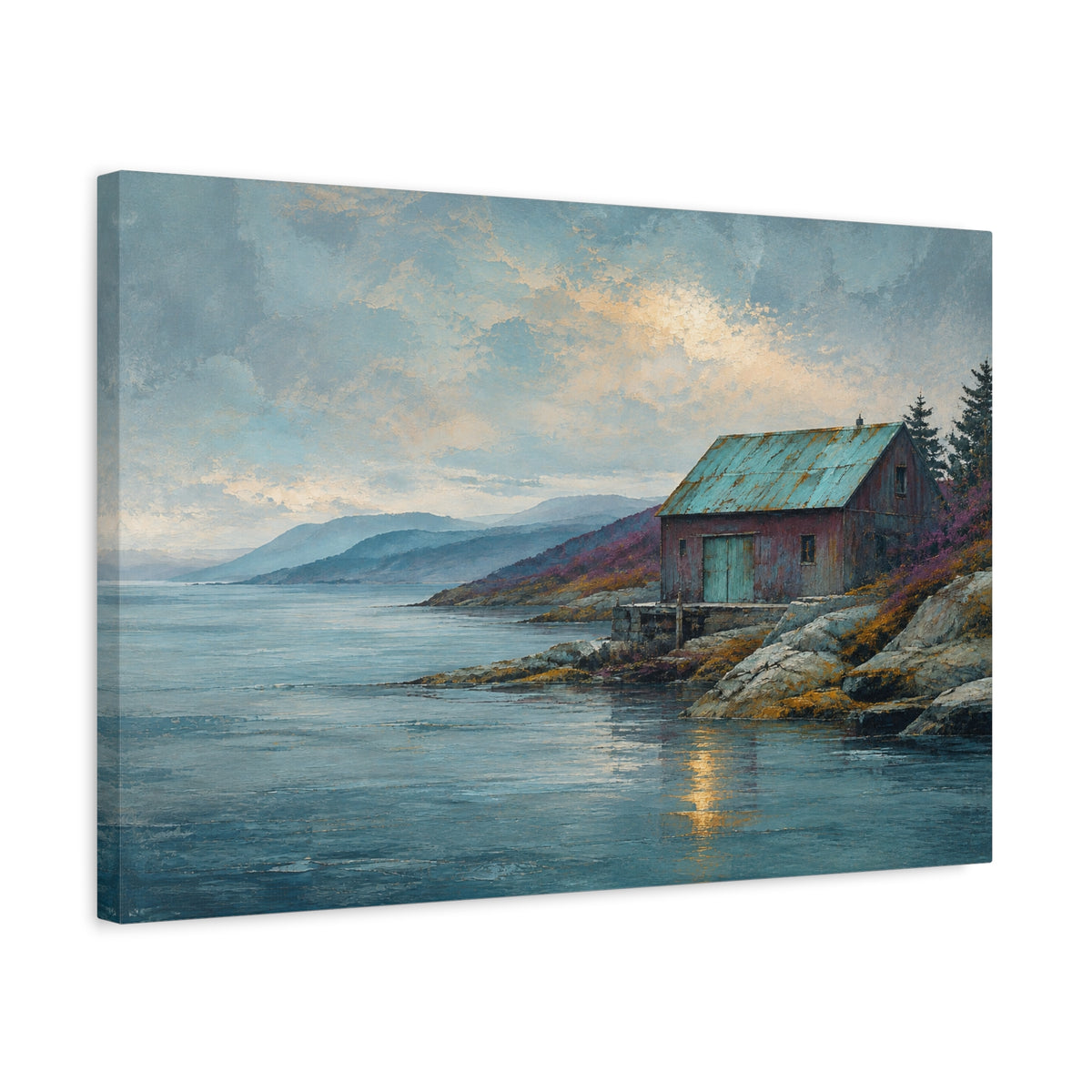 Blue Copper Coast canvas print — A weathered coastal boathouse with a patina-green roof sits beside a rocky shore.