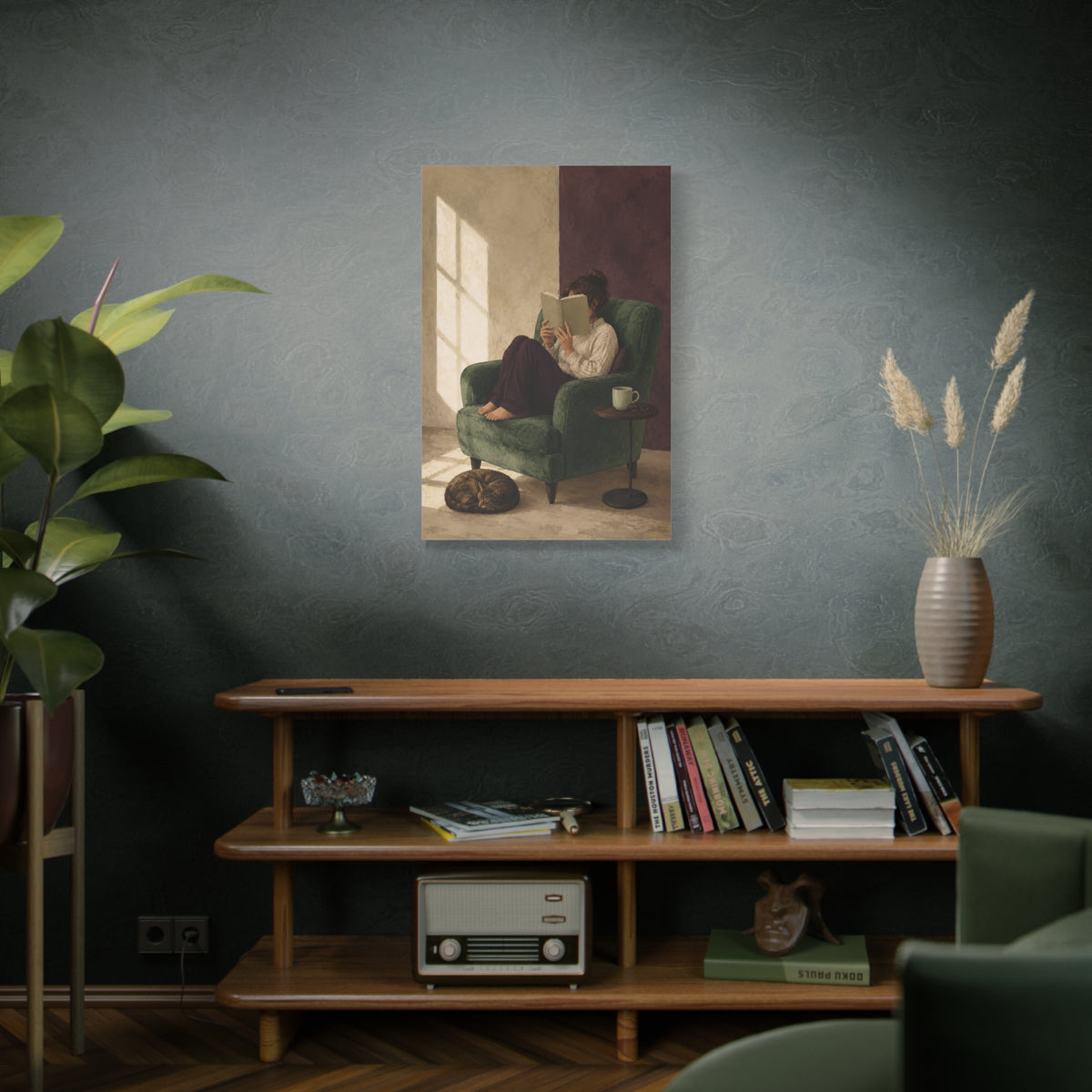 Sunday Chapter canvas print — A reader settles into a green armchair beside a sleeping cat and warm window light.