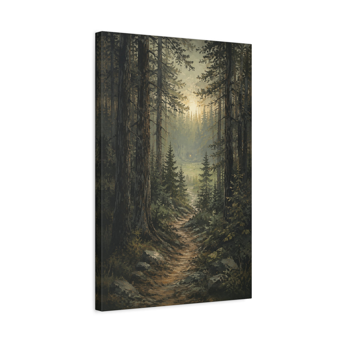 Light Beyond the Pines canvas print — Tall pine trees frame a woodland path leading toward a soft opening of light.