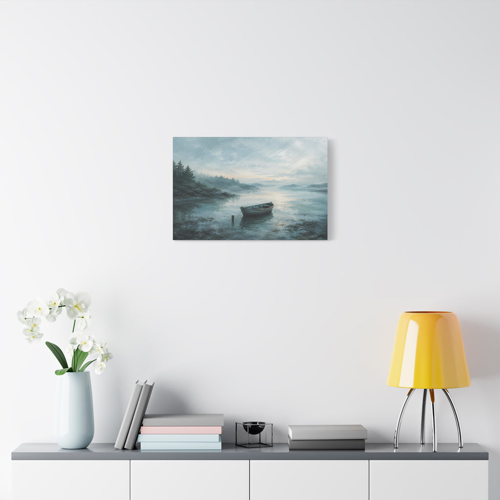 Still Water, First Light canvas print — A small wooden rowboat rests on misty blue water as the first light opens across the horizon.