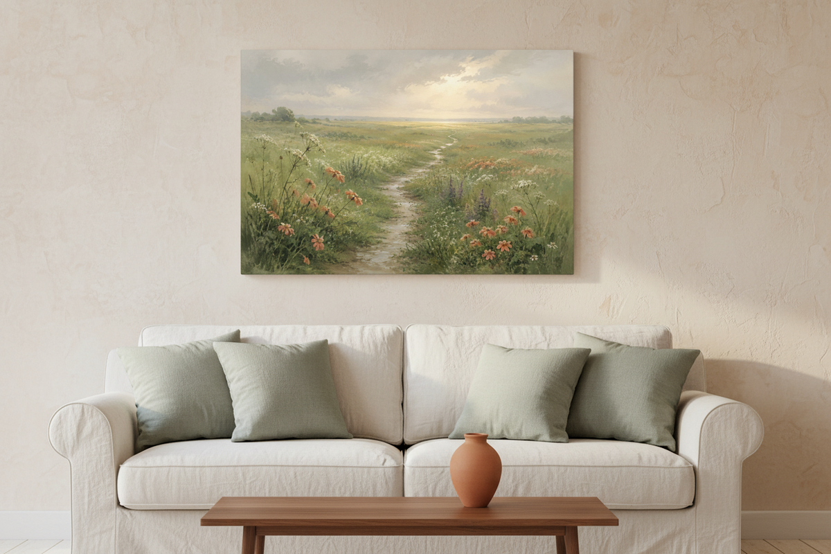 After the Rain unframed horizontal wildflower meadow canvas above an ivory sofa with sage cushions and walnut coffee table — room styling mockup.