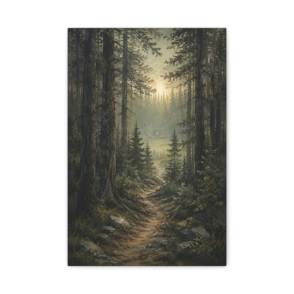 Light Beyond the Pines canvas print — Tall pine trees frame a woodland path leading toward a soft opening of light.