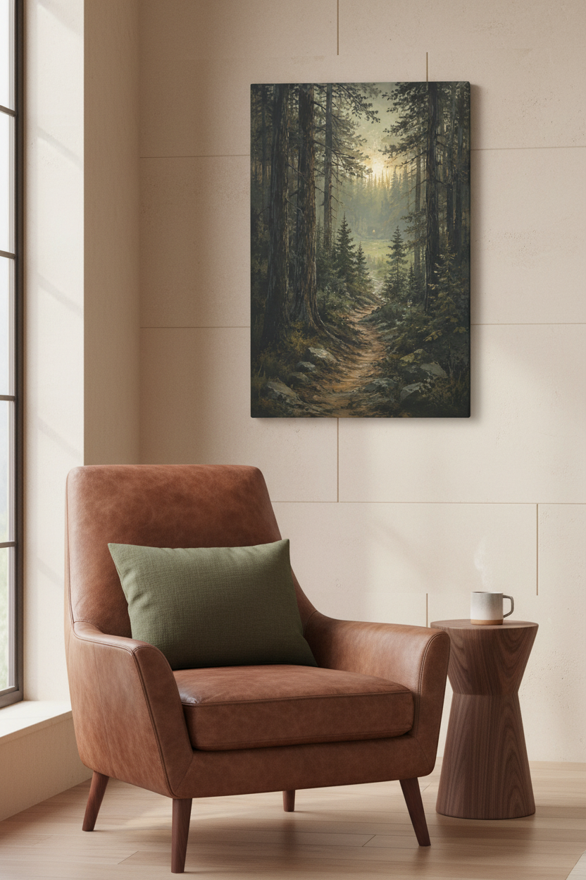 Light Beyond the Pines unframed vertical forest canvas beside a brown armchair and olive cushion in a warm reading corner — room styling mockup.