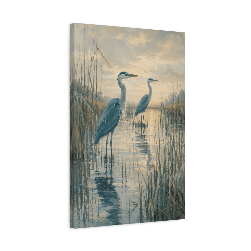 Two in the Reeds canvas print — Two herons stand among reeds and still water, one slightly forward and one farther back.