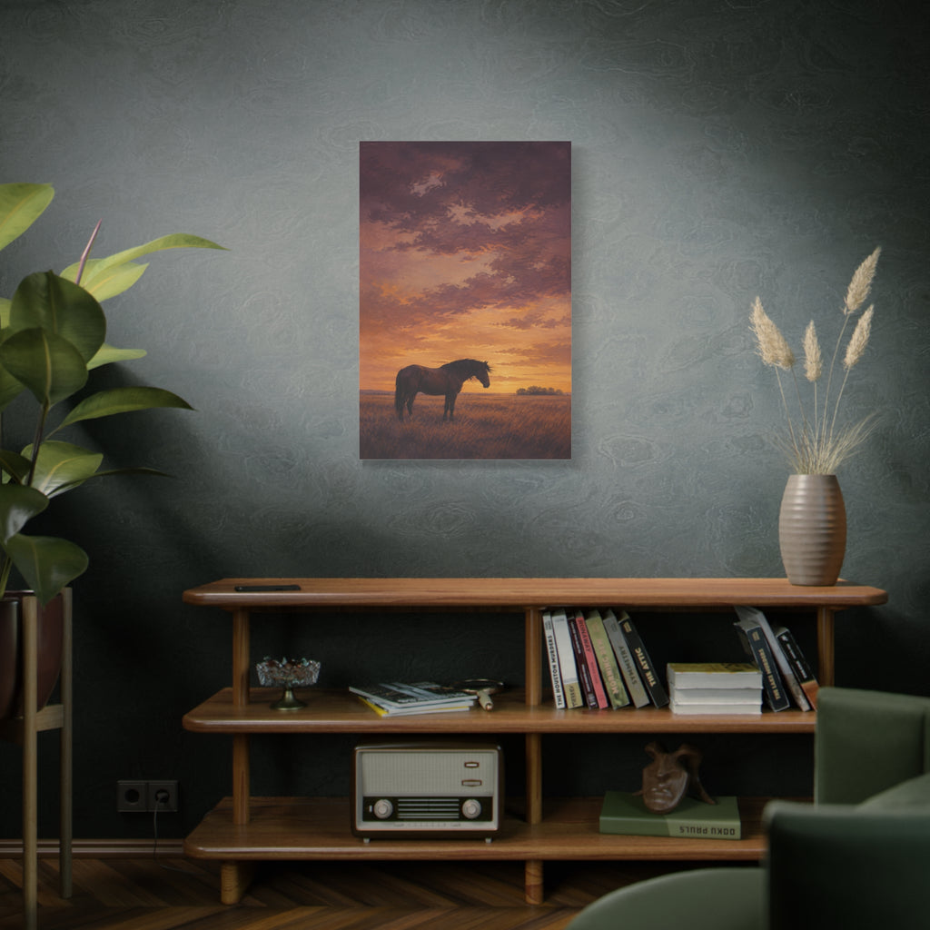 Last Light, Open Field canvas print — A horse stands in an open field beneath a warm sunset sky.