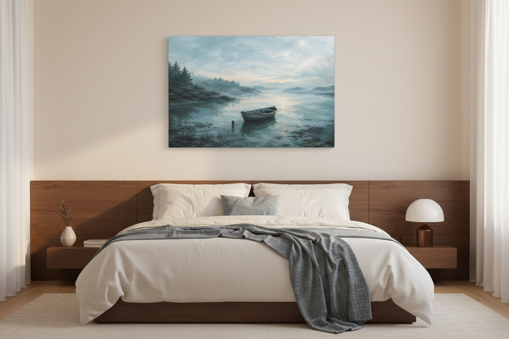 Still Water, First Light unframed horizontal misty lake and rowboat canvas above a walnut headboard with ivory bedding and blue-gray throw — room styling mockup.