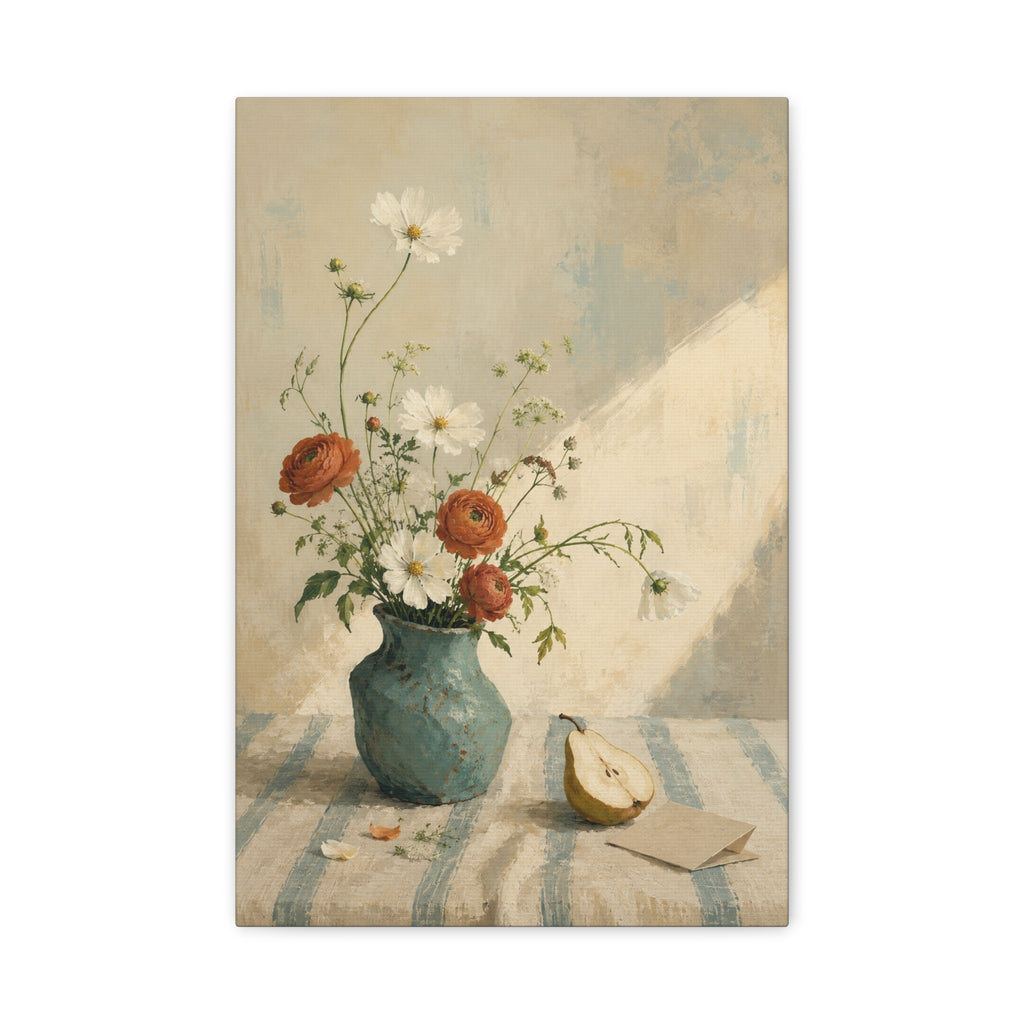 Blue Table Morning canvas print — Wildflowers rise from a blue-green vase beside a pear on a sunlit table.