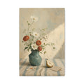 Blue Table Morning canvas print — Wildflowers rise from a blue-green vase beside a pear on a sunlit table.