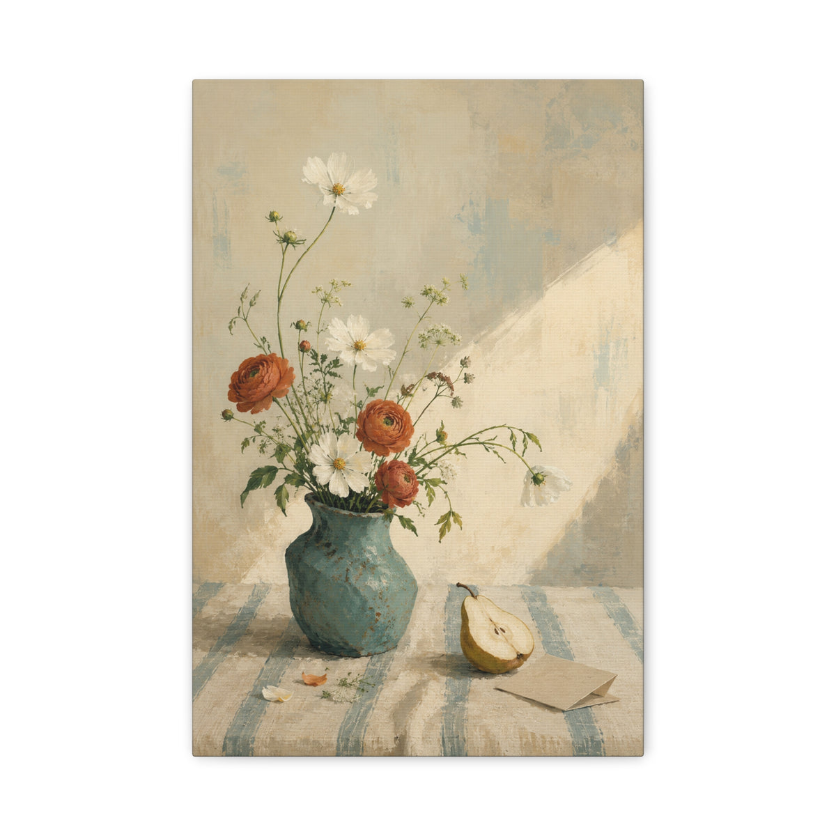 Blue Table Morning canvas print — Wildflowers rise from a blue-green vase beside a pear on a sunlit table.