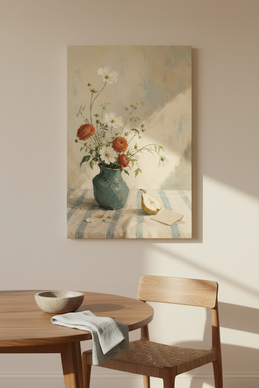 Blue Table Morning unframed vertical floral still-life canvas above a walnut dining table and woven chair in a sunny cream breakfast nook — room styling mockup.