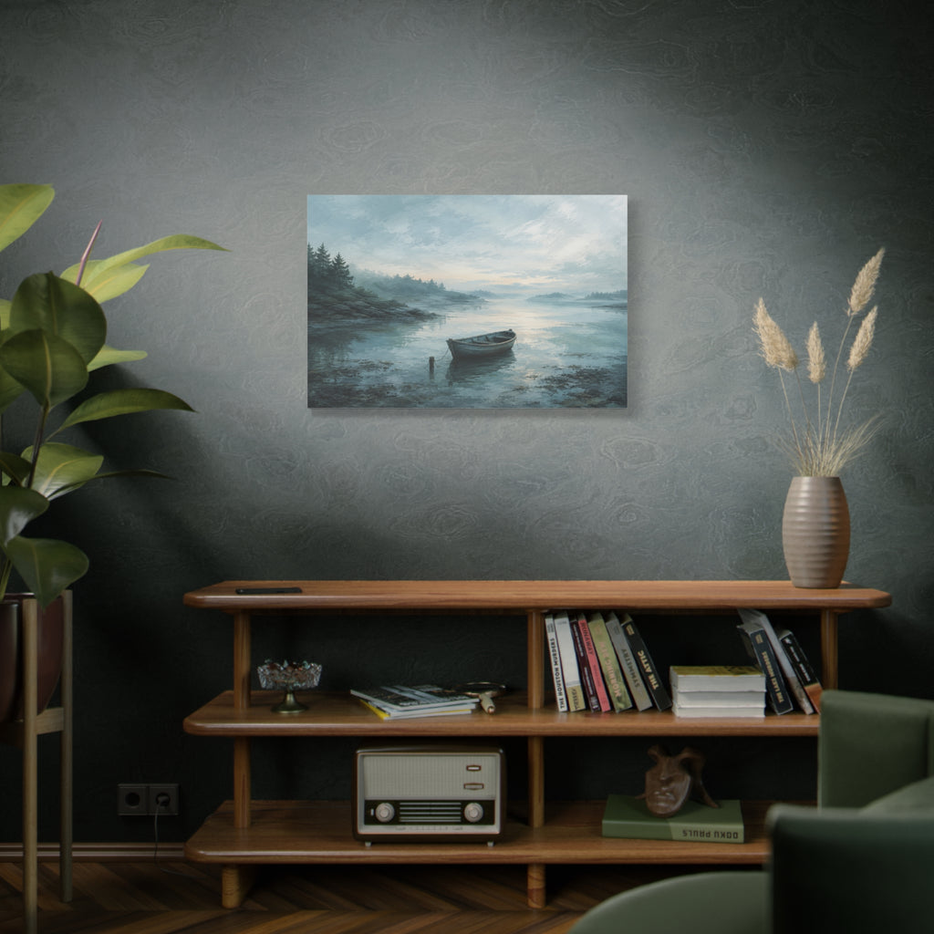 Still Water, First Light canvas print — A small wooden rowboat rests on misty blue water as the first light opens across the horizon.