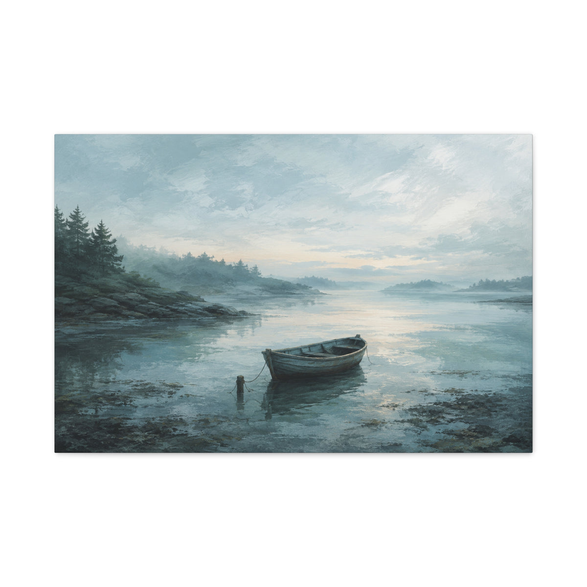 Still Water, First Light canvas print — A small wooden rowboat rests on misty blue water as the first light opens across the horizon.