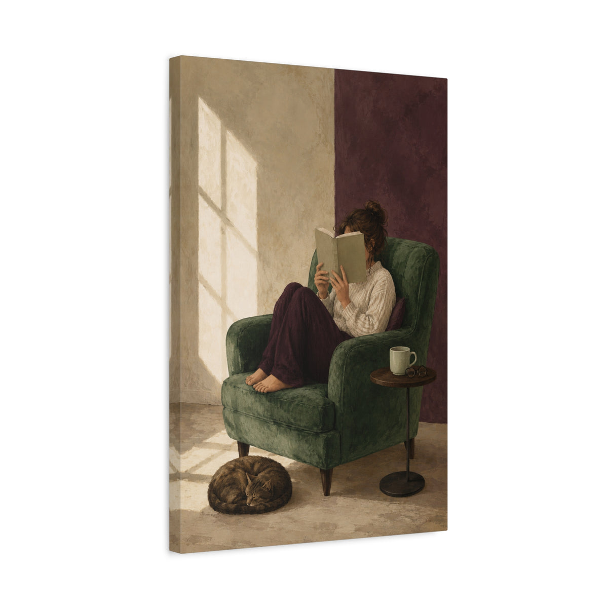Sunday Chapter canvas print — A reader settles into a green armchair beside a sleeping cat and warm window light.
