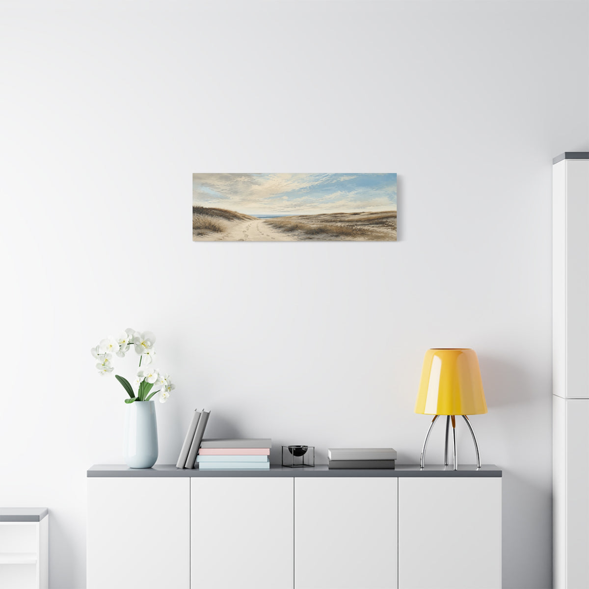 Way Home Through the Dunes canvas print — A sandy path winds through pale dunes toward a thin blue horizon beneath an open sky.