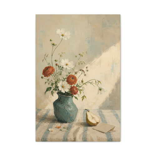 Blue Table Morning canvas print — Wildflowers rise from a blue-green vase beside a pear on a sunlit table.