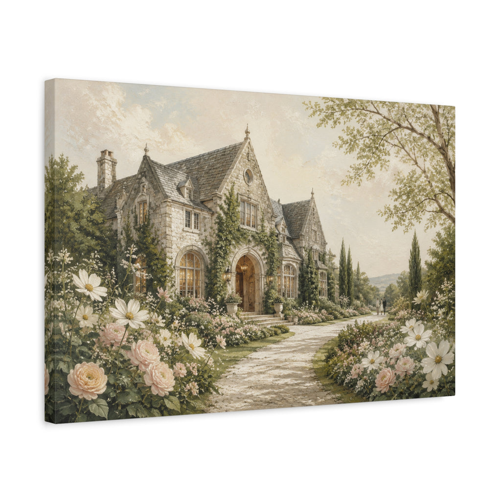 Where We Said Yes canvas print — A romantic garden estate framed by climbing greenery, soft roses, and tall cypress trees.