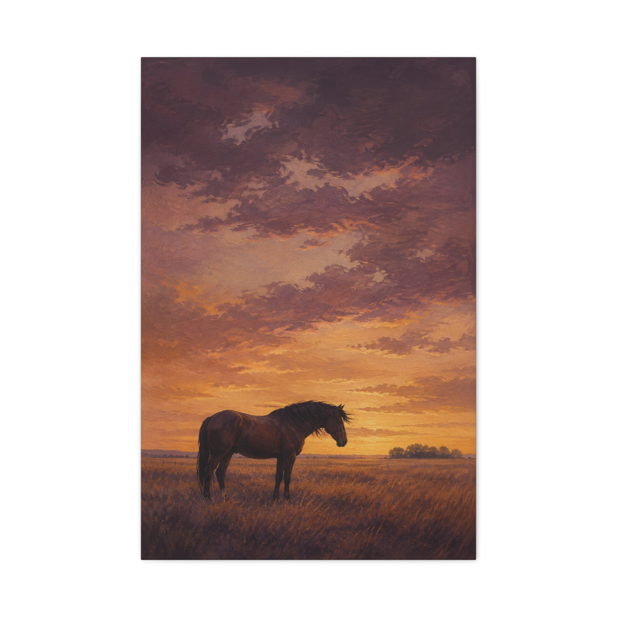 Last Light, Open Field canvas print — A horse stands in an open field beneath a warm sunset sky.