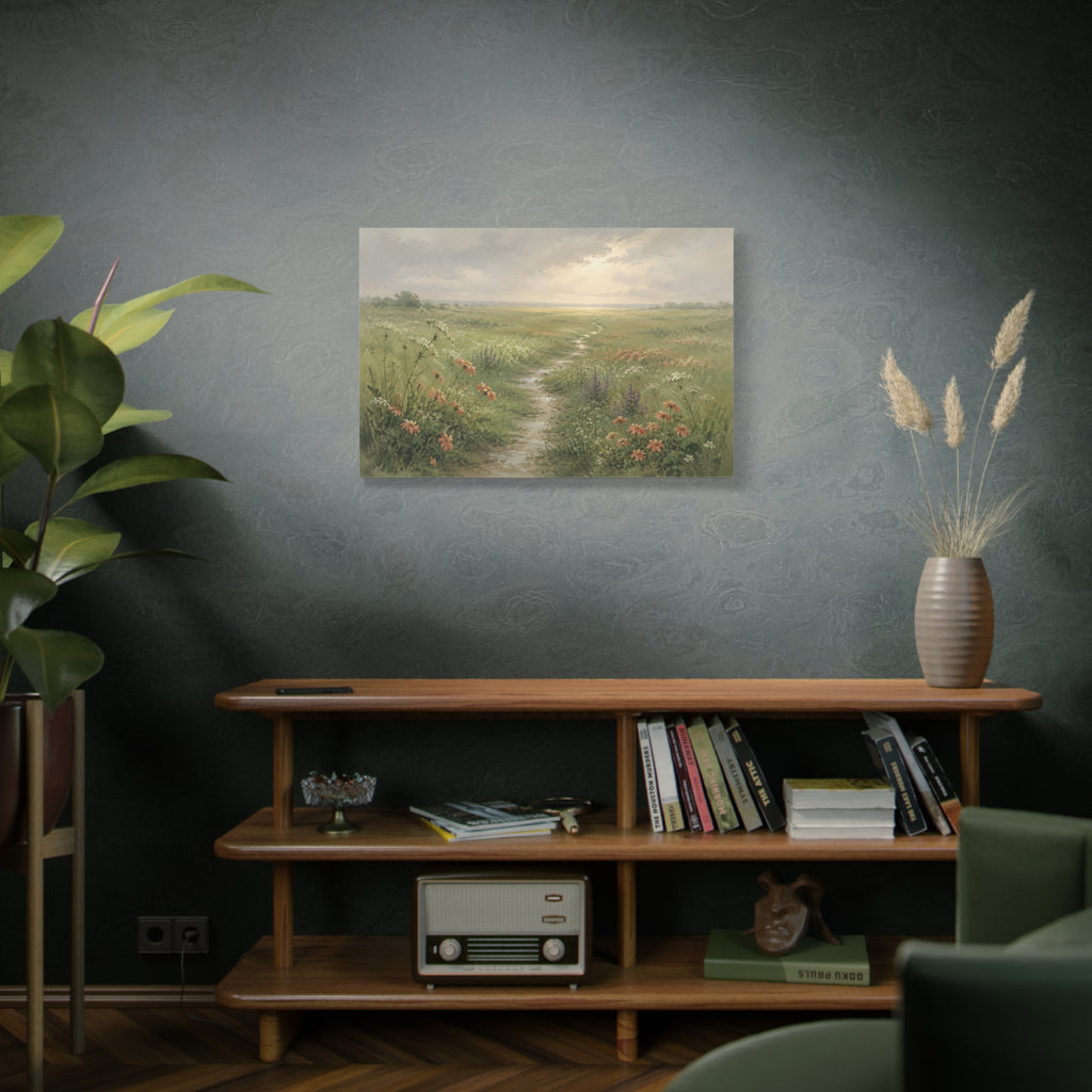 After the Rain canvas print — A curved path moves through a fresh meadow after summer rain, with wildflowers and warm light in the distance.